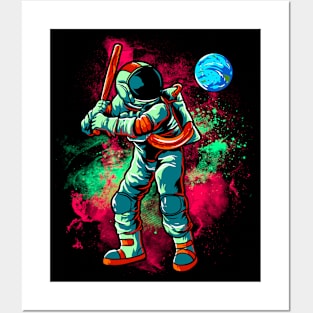 Astronaut Baseball Batting Earth In Outer Space Posters and Art